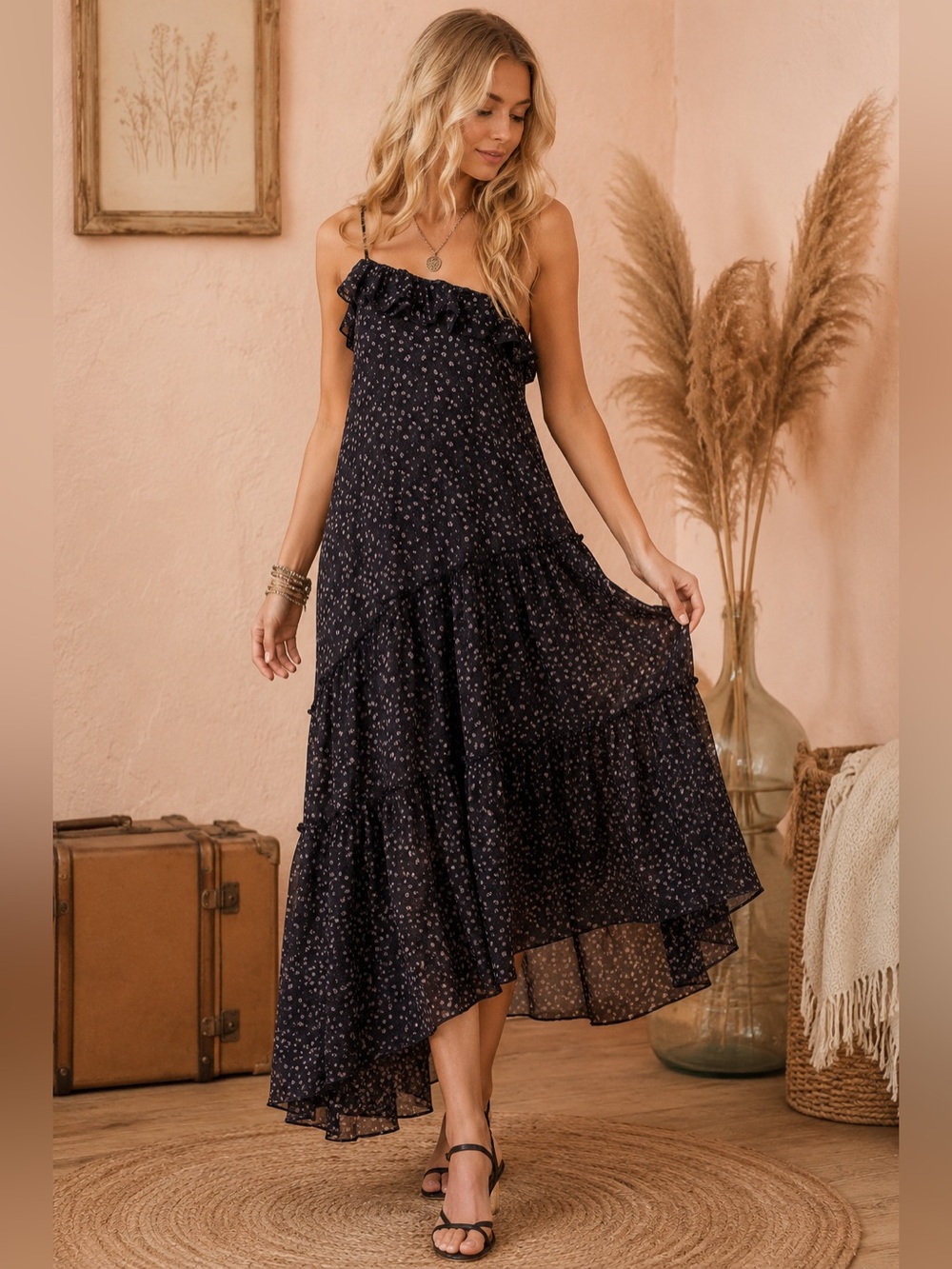 American Eagle Outfitters Navy One-Shoulder Ruffle Maxi Dress Boho Aesthetic